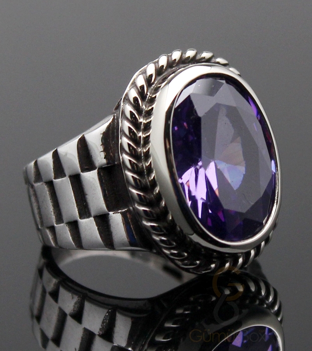 Ametist Taşlı Rolex Modeli Gümüş Yüzük - 1