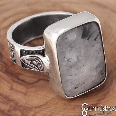 Özel Tasarım Gümüş İşlemeli Siyah Rutil Kuvars Taşlı Gümüş Yüzük - 2